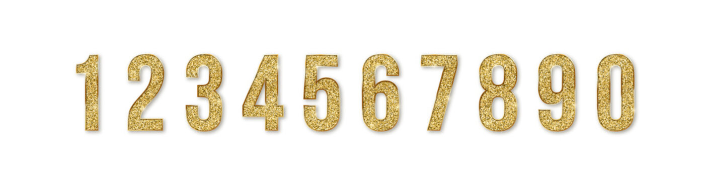 Set of golden numbers. Numbers from 0 to 9 with shimmering glitter isolated on white background. Golden dust, vector illustration, EPS10