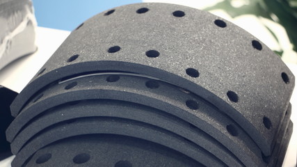 New replacement brake lining of brake pads truck drum brakes close up