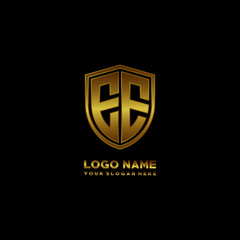 Initial letters EE shield shape gold monogram logo. Shield Secure Safe logo design inspiration