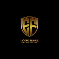 Initial letters EF shield shape gold monogram logo. Shield Secure Safe logo design inspiration