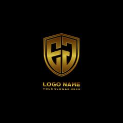 Initial letters EJ shield shape gold monogram logo. Shield Secure Safe logo design inspiration