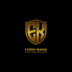 Initial letters EK shield shape gold monogram logo. Shield Secure Safe logo design inspiration