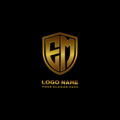 Initial letters EM shield shape gold monogram logo. Shield Secure Safe logo design inspiration