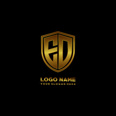 Initial letters EO shield shape gold monogram logo. Shield Secure Safe logo design inspiration