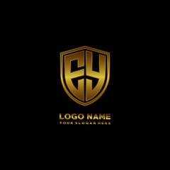 Initial letters EY shield shape gold monogram logo. Shield Secure Safe logo design inspiration