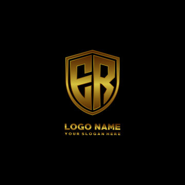 Initial letters ER shield shape gold monogram logo. Shield Secure Safe logo design inspiration