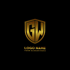 Initial letters GW shield shape gold monogram logo. Shield Secure Safe logo design inspiration