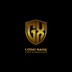 Initial letters GX shield shape gold monogram logo. Shield Secure Safe logo design inspiration
