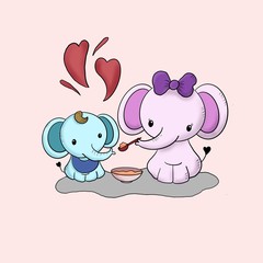 Adorable Mommy elephant feeding baby boy hand drawing with isolated background. Nursery art, post card, greeting card.