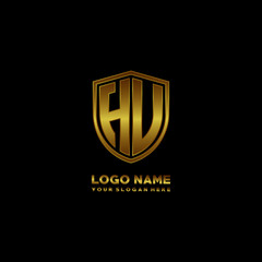 Initial letters HU, HV shield shape gold monogram logo. Shield Secure Safe logo design inspiration