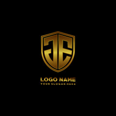 Initial letters JE shield shape gold monogram logo. Shield Secure Safe logo design inspiration