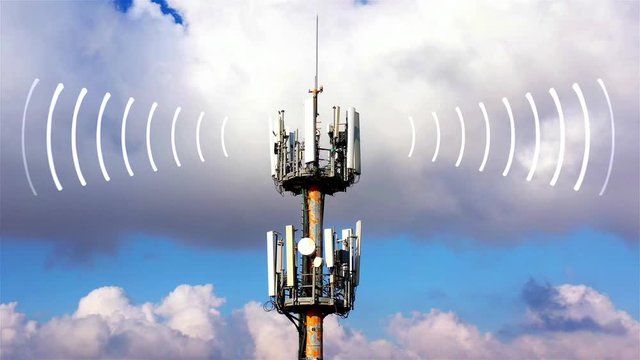 Aerial footage of Cellular antenna Emitting Radiation and radio waves Illustration Visualization of radio waves coming out from a Cellular antenna 
