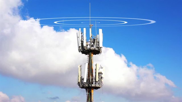 Aerial footage of Cellular antenna Emitting concentric circles waves Illustration Visualization of radio waves coming out from a Cellular antenna 