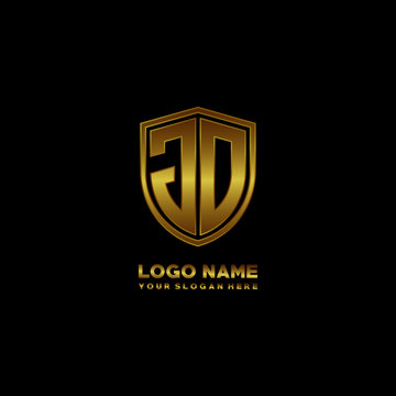 Initial letters JD shield shape gold monogram logo. Shield Secure Safe logo design inspiration