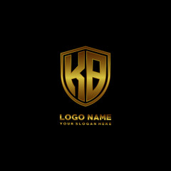 Initial letters KB shield shape gold monogram logo. Shield Secure Safe logo design inspiration
