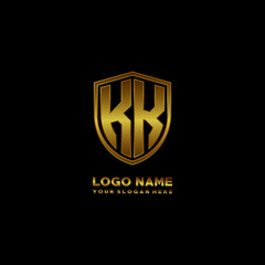 Initial letters KK shield shape gold monogram logo. Shield Secure Safe logo design inspiration