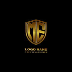 Initial letters ME shield shape gold monogram logo. Shield Secure Safe logo design inspiration