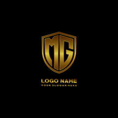 Initial letters MG shield shape gold monogram logo. Shield Secure Safe logo design inspiration