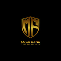 Initial letters MF shield shape gold monogram logo. Shield Secure Safe logo design inspiration