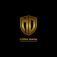 Initial letters MO shield shape gold monogram logo. Shield Secure Safe logo design inspiration