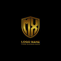 Initial letters MX shield shape gold monogram logo. Shield Secure Safe logo design inspiration