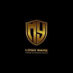 Initial letters MY shield shape gold monogram logo. Shield Secure Safe logo design inspiration