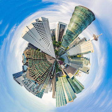 Circular, Stereographic, Polar panorama Skyscrapers in Kuala Lumpur, Malaysia City Center skyline