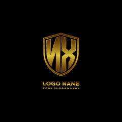 Initial letters NX shield shape gold monogram logo. Shield Secure Safe logo design inspiration