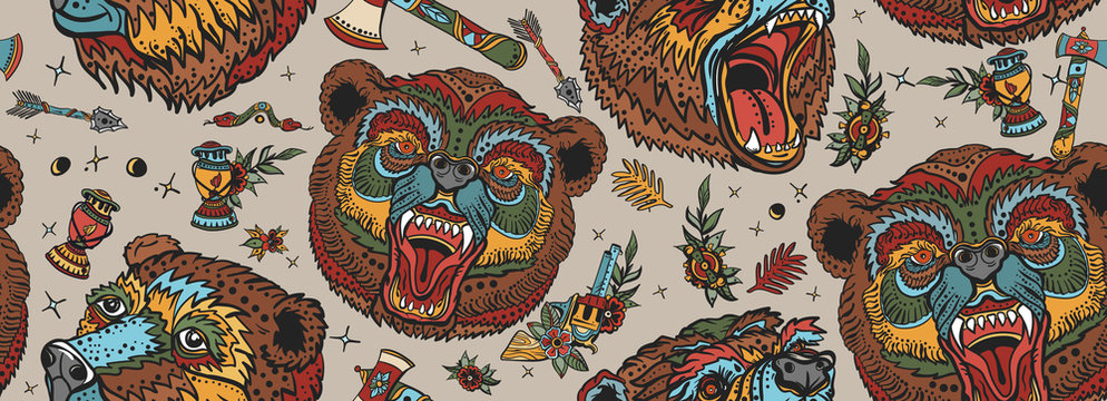 Bear head seamless pattern. Old school tattoo style. Outdoor art. Aggressive grizzly background