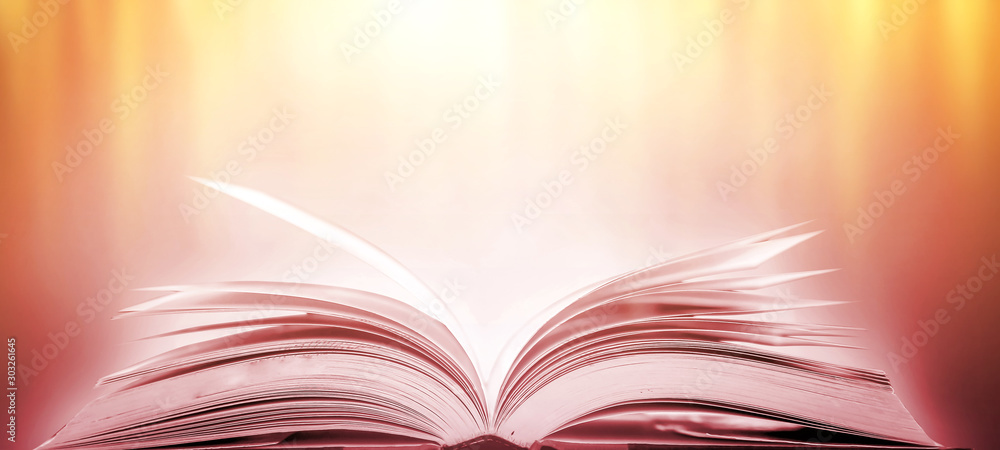 Poster book in library with old open textbook, stack piles of literature text archive on reading desk, and 