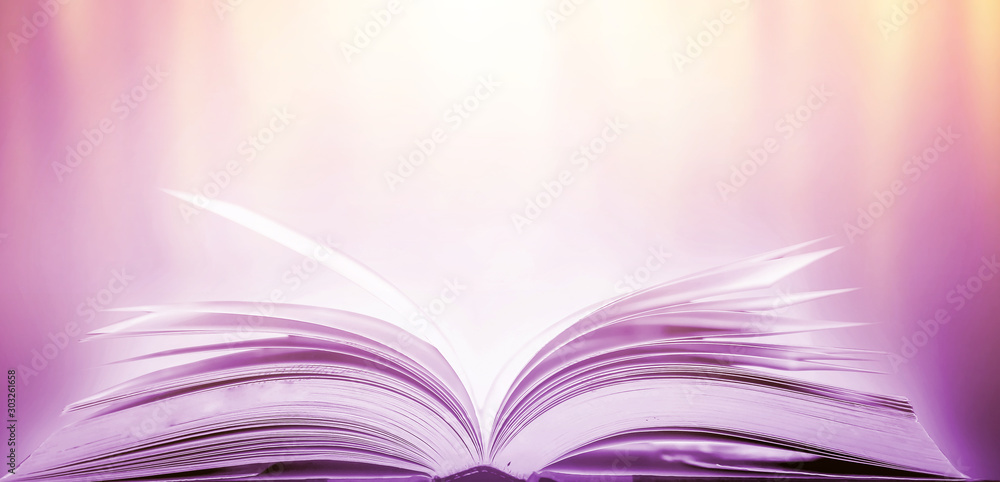 Aufkleber book in library with old open textbook, stack piles of literature text archive on reading desk, and 