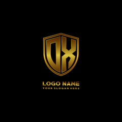 Initial letters OX shield shape gold monogram logo. Shield Secure Safe logo design inspiration