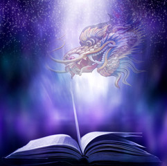 Magic book with light and shine An amazing story book with stars, and magic dragons. And sparkling lights on the background