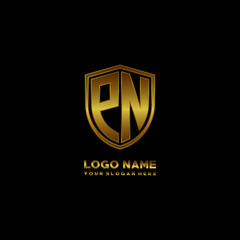 Initial letters PN shield shape gold monogram logo. Shield Secure Safe logo design inspiration