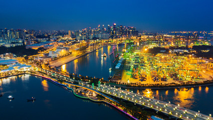 Aerial night view of Singapore harbor
