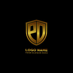 Initial letters PO shield shape gold monogram logo. Shield Secure Safe logo design inspiration
