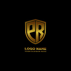 Initial letters PR shield shape gold monogram logo. Shield Secure Safe logo design inspiration