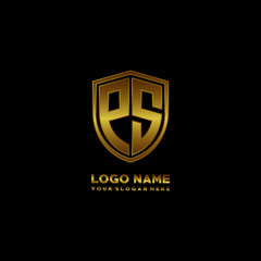 Fototapeta na wymiar Initial letters PS shield shape gold monogram logo. Shield Secure Safe logo design inspiration