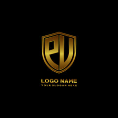 Initial letters PU, PV shield shape gold monogram logo. Shield Secure Safe logo design inspiration