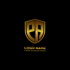 Initial letters PA shield shape gold monogram logo. Shield Secure Safe logo design inspiration