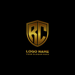 Initial letters RC shield shape gold monogram logo. Shield Secure Safe logo design inspiration