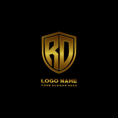Initial letters RD shield shape gold monogram logo. Shield Secure Safe logo design inspiration