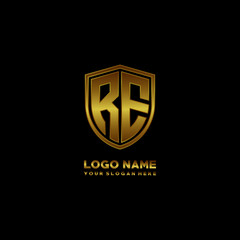 Initial letters RE shield shape gold monogram logo. Shield Secure Safe logo design inspiration