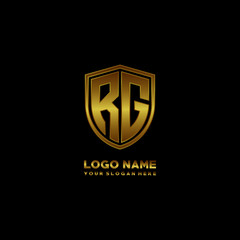 Initial letters RG shield shape gold monogram logo. Shield Secure Safe logo design inspiration