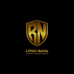 Initial letters RN shield shape gold monogram logo. Shield Secure Safe logo design inspiration