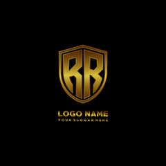 Initial letters RR shield shape gold monogram logo. Shield Secure Safe logo design inspiration