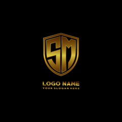 Initial letters SM shield shape gold monogram logo. Shield Secure Safe logo design inspiration
