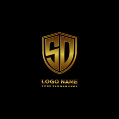 Initial letters SD shield shape gold monogram logo. Shield Secure Safe logo design inspiration
