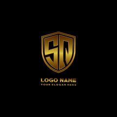 Initial letters SQ shield shape gold monogram logo. Shield Secure Safe logo design inspiration