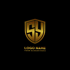Initial letters SY shield shape gold monogram logo. Shield Secure Safe logo design inspiration
